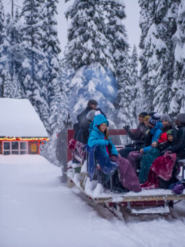 There is a family on a sleigh ride heading to a house covered in snow.