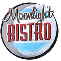 The Moonlight Bistro logo in grey, red and light blue, a bistro near the Gem Lake Chair with a rustic setting in the woods and tasty food. 