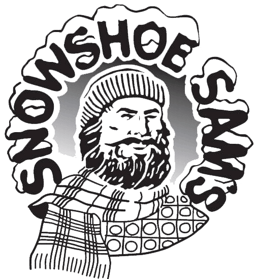The Snowshoe Sam's pub logo in black and white, a Big White pub and bar that features weekly live music, tasty drinks and food.