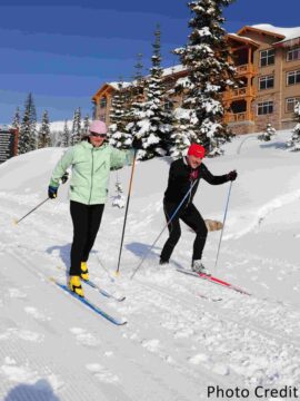 Two people nordic skiing on snow. There is a dog beside them running.