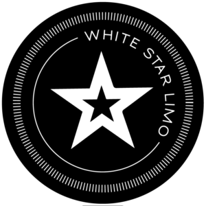 White Star Limo Logo, a transportation company, the logo is a black circle with a white star and white writing on it.
