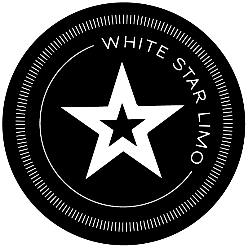 White Star Limo Logo, a transportation company, the logo is a black circle with a white star and white writing on it.