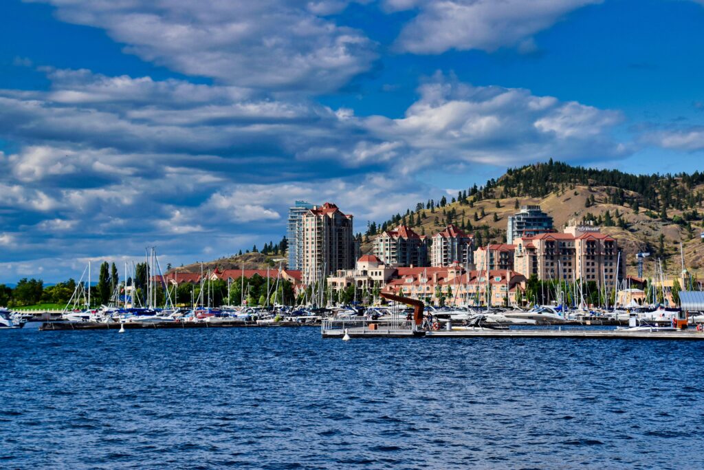 View of the Okanagan Lake, Kelowna harbour and city skyline.