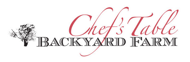 The Chef's Table Backyard Farm logo, written in red and black lettering, with an illustrated bouquet beside it, on a white background.