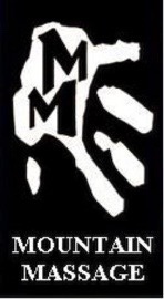 Big White Mountain Massage logo, which is a white hand with two m's on it, over a black background.