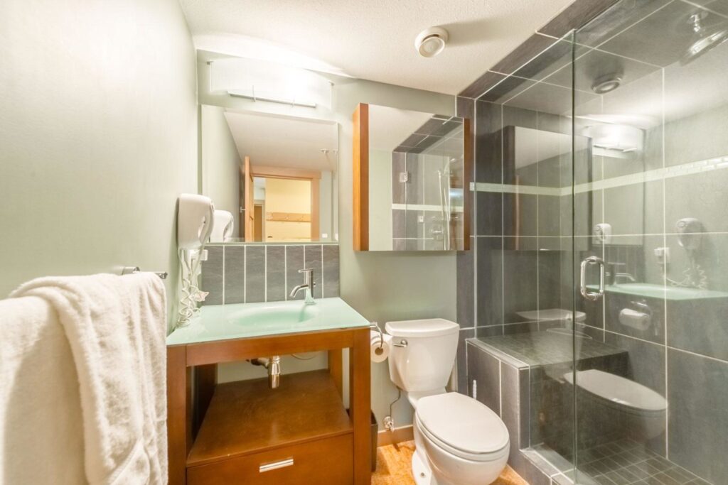 Pet-friendly Raven Unit 304's luxury, spa like bathroom, with grey tools, glass countertops, bright lighting and a full steam shower.