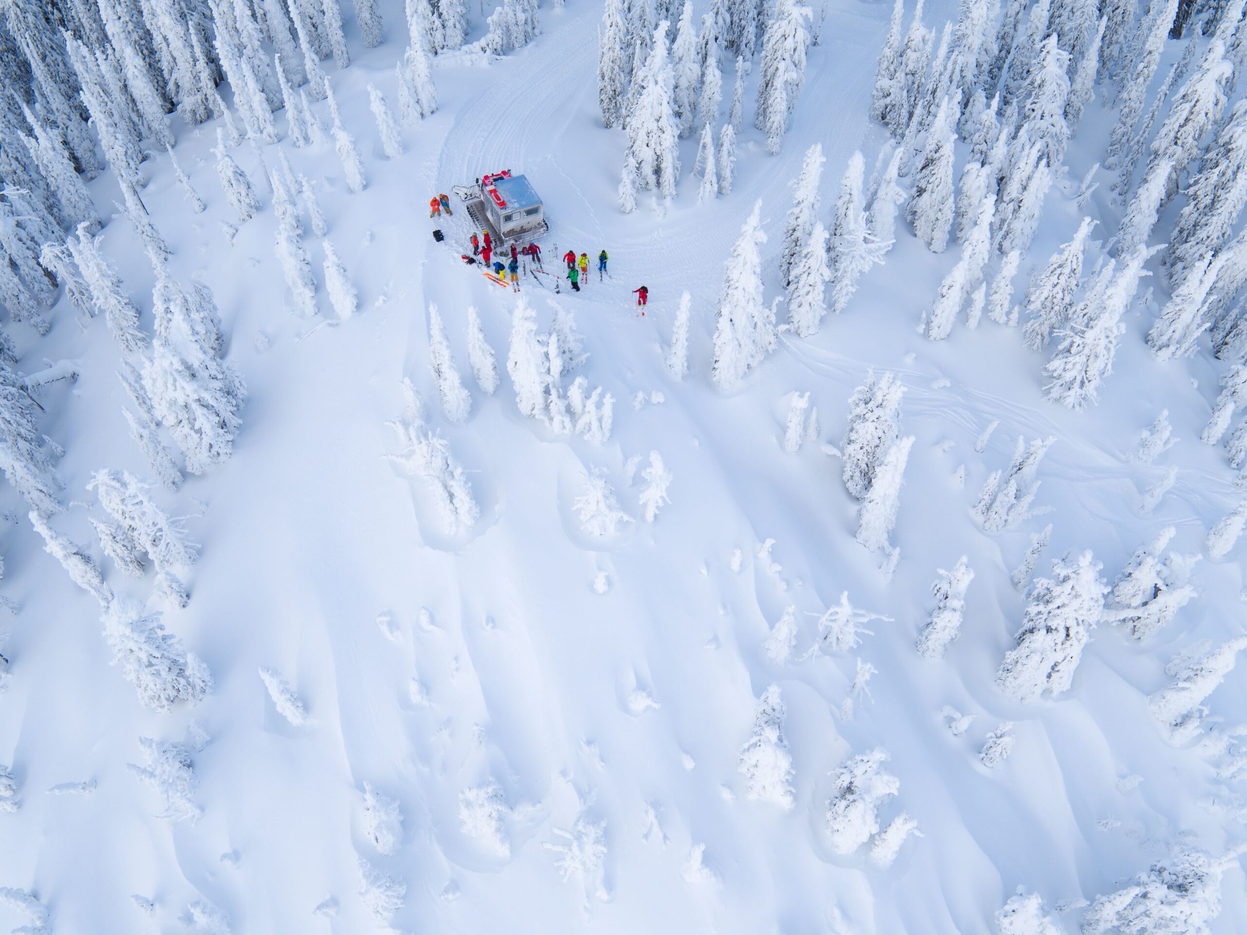 Birds eye view of cat machine with a group of skiers and guides as they traverse a snowy, white landscape of trees in Rossland area for Big Red Cats skiing