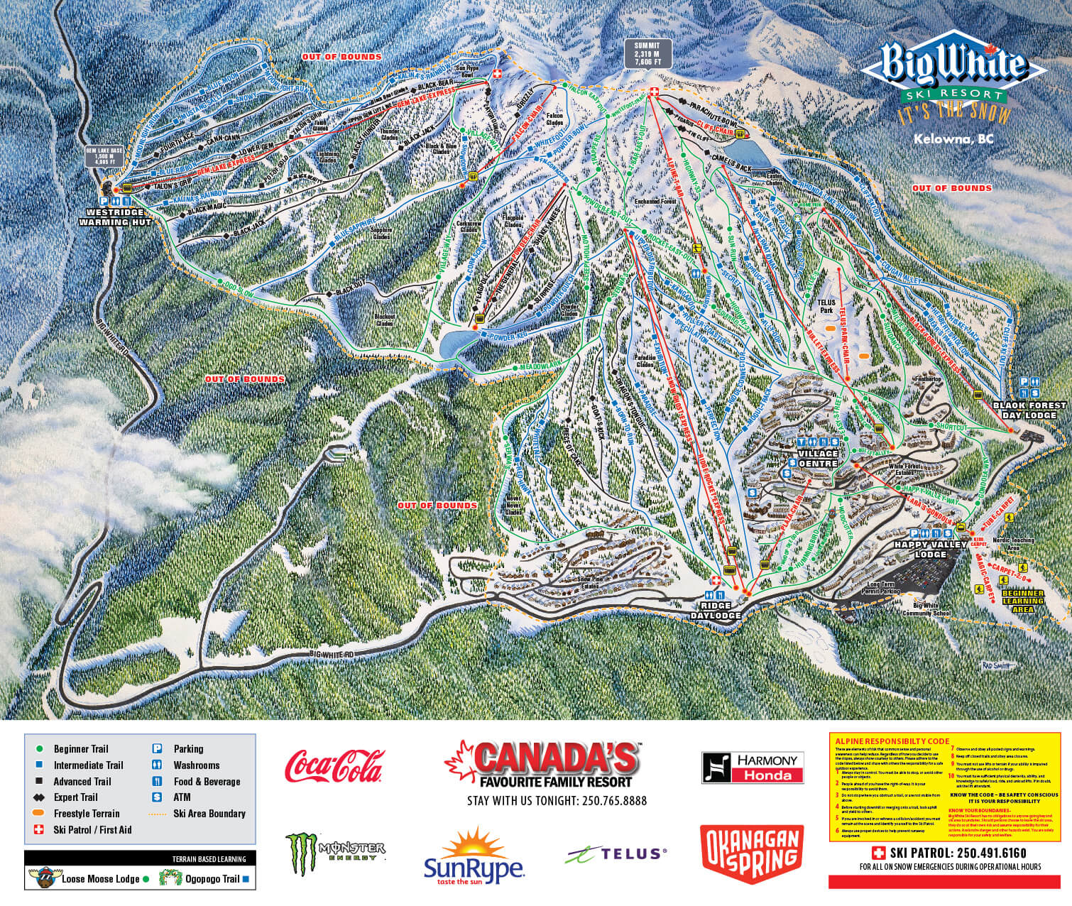 Big White Ski Resort Trail Map, an illustrated map with coloured lines to indicate the different trails on the mountain.