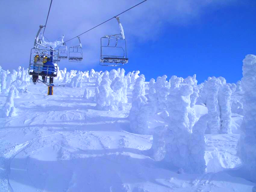 Two skiers sit on one of Bog White Ski Resort's ski lifts as they go up the mountainside to ski on a sunny day.