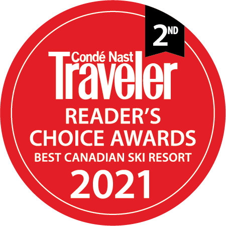 The Conde Nast Traveler Reader's Choice Awards 2nd Place for Best Canadian Ski Resort in 2021, on a red circle background.
