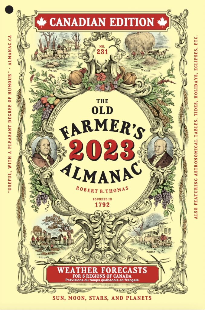 The cover of the Canadian Edition of the Old Farmer's Almanac for 2023, with a yellow background, old-faashioned illustrations and red accents, one of the oldest books used for predicting the weather.