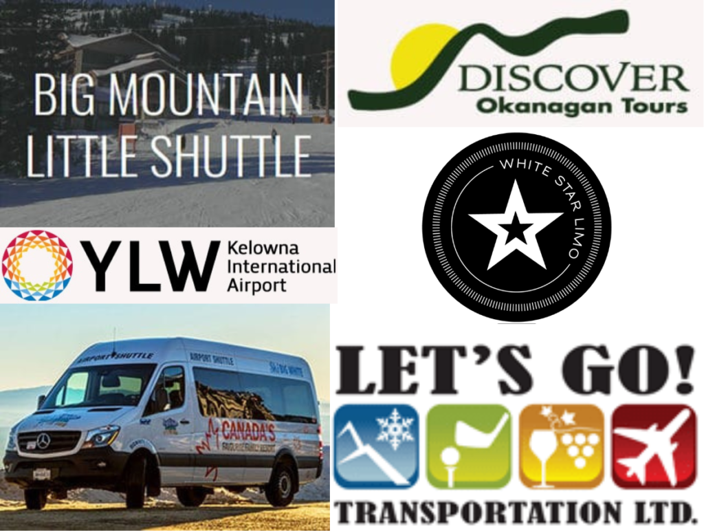 Six logos of transportation and shuttle services at Big White Ski Resort, including Big Mountain Little Shuttle, Discover Okanagan Tours, Let's Go Transportation, White Star Limo and the YLW Kelowna International Airport Shuttle, all travelling to Big White Ski Resort.