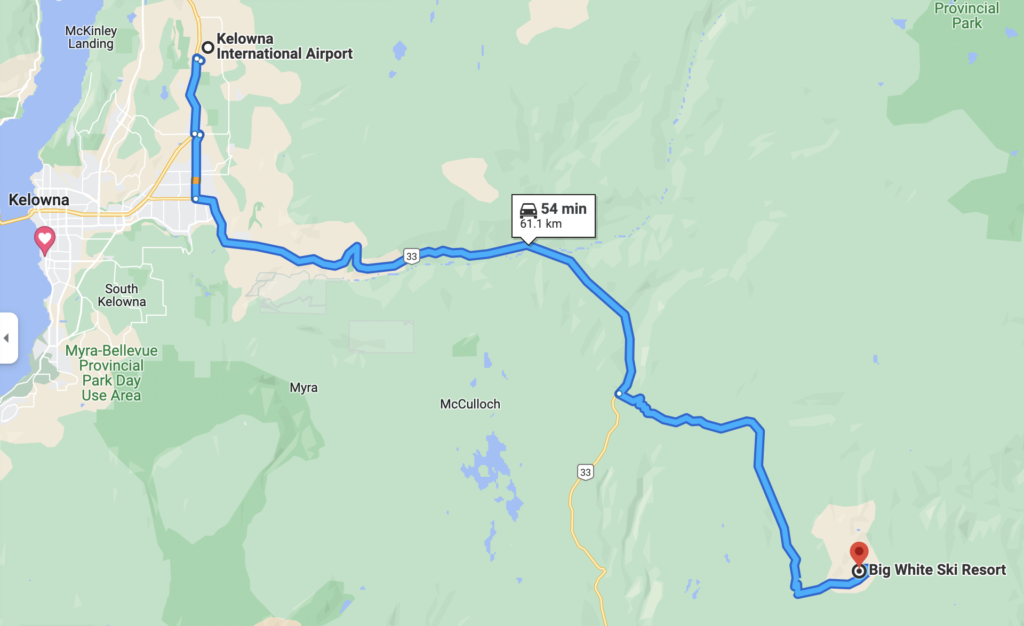 The Google Maps directions from Kelowna International Airport to Big White Ski Resort.