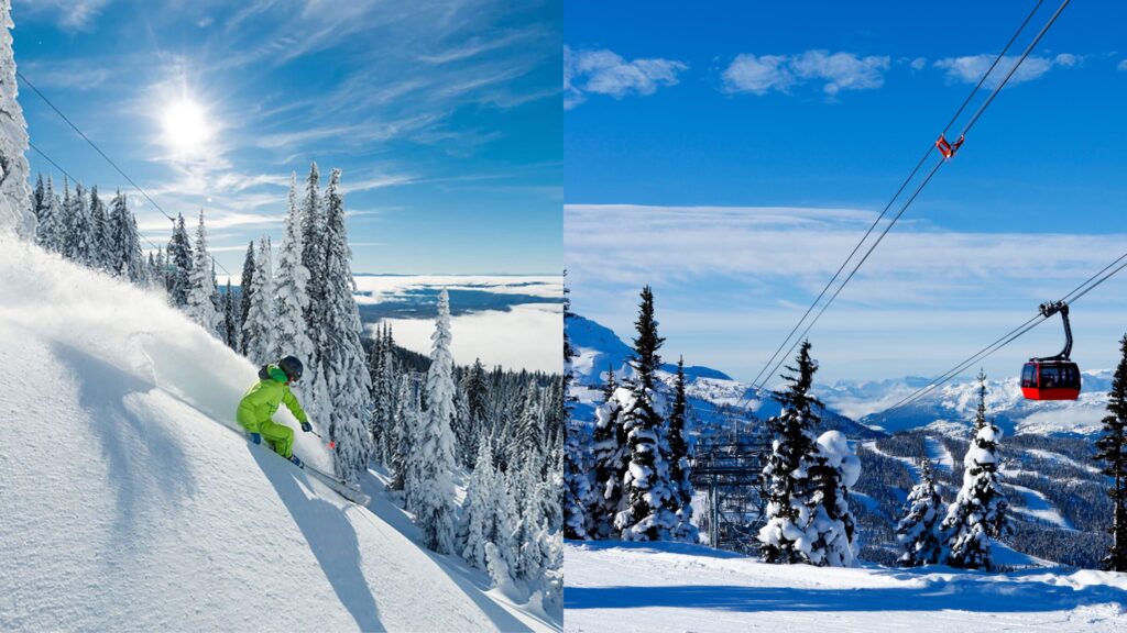 Two side by side photos comparing Big White Ski Resort and Whistler Blackcomb Ski Resort, with a skier skiing at Big White on champagne powder snow on the left, and the Peak 2 Peak Gondola at Whistler Blackcomb ski resort on the right.