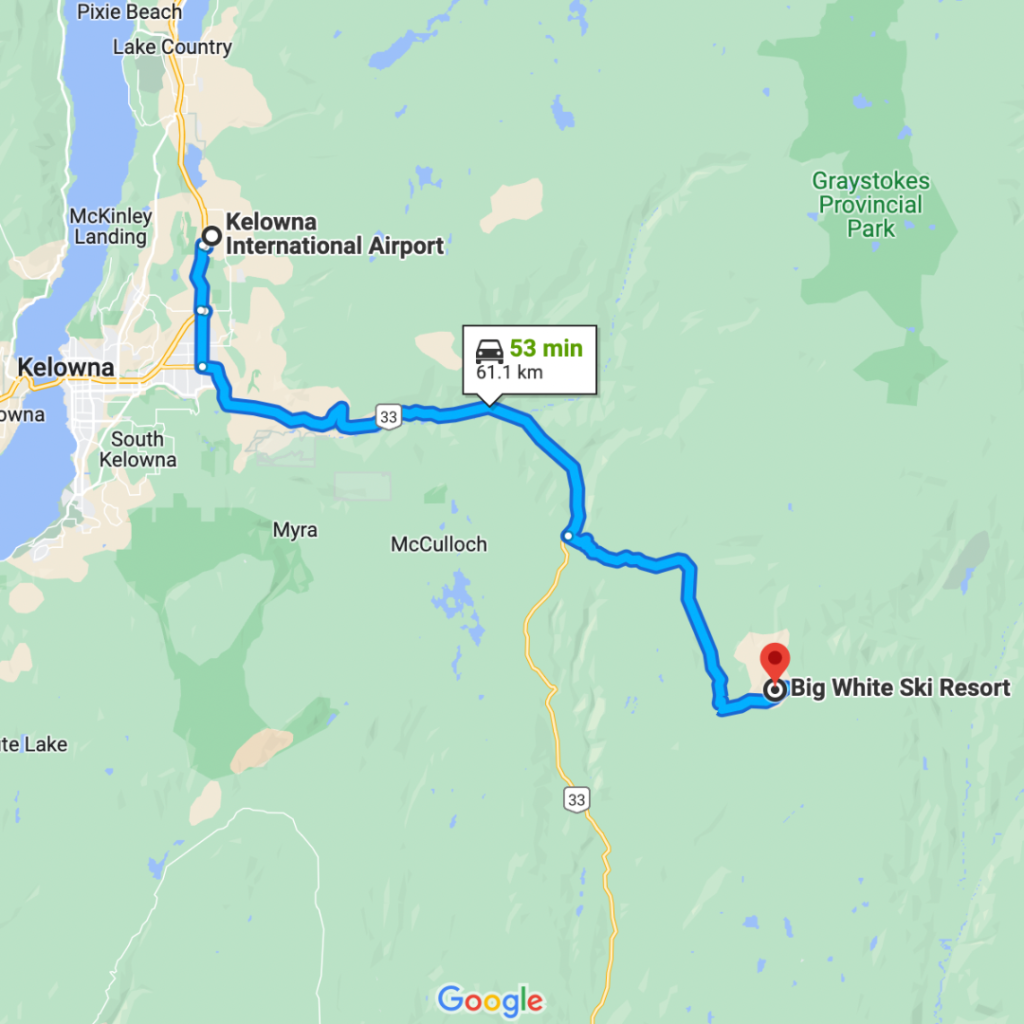 Google Maps directions from the Kelowna International Airport to Big White Ski Resort