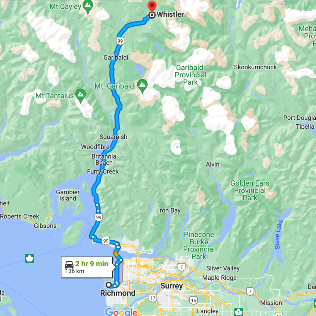 Google Maps directions from the Vancouver International Airport to Whistler Blackcomb Ski Resort.