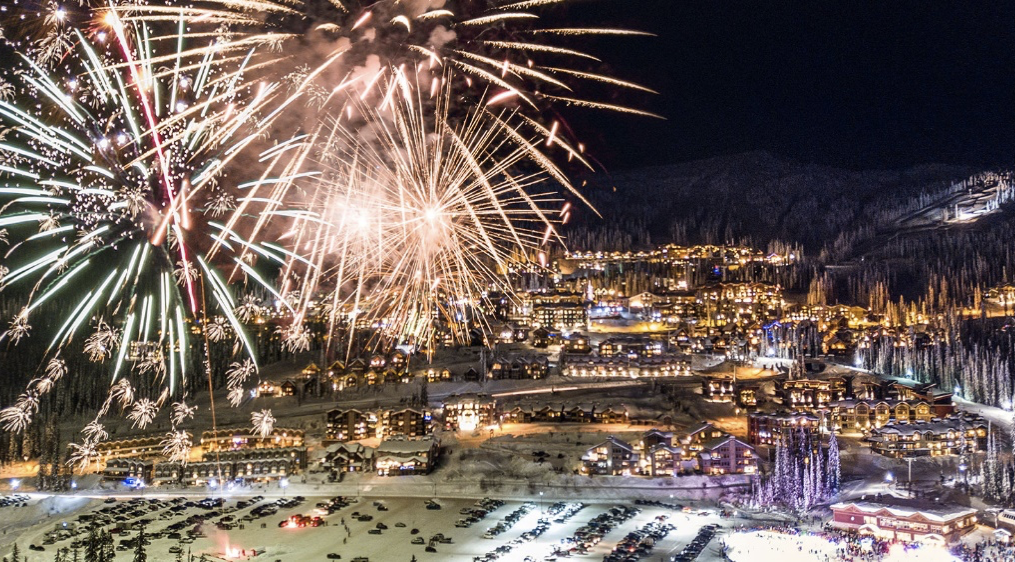 The beautiful Saturday fireworks blasting over the resort at night during the ski season.