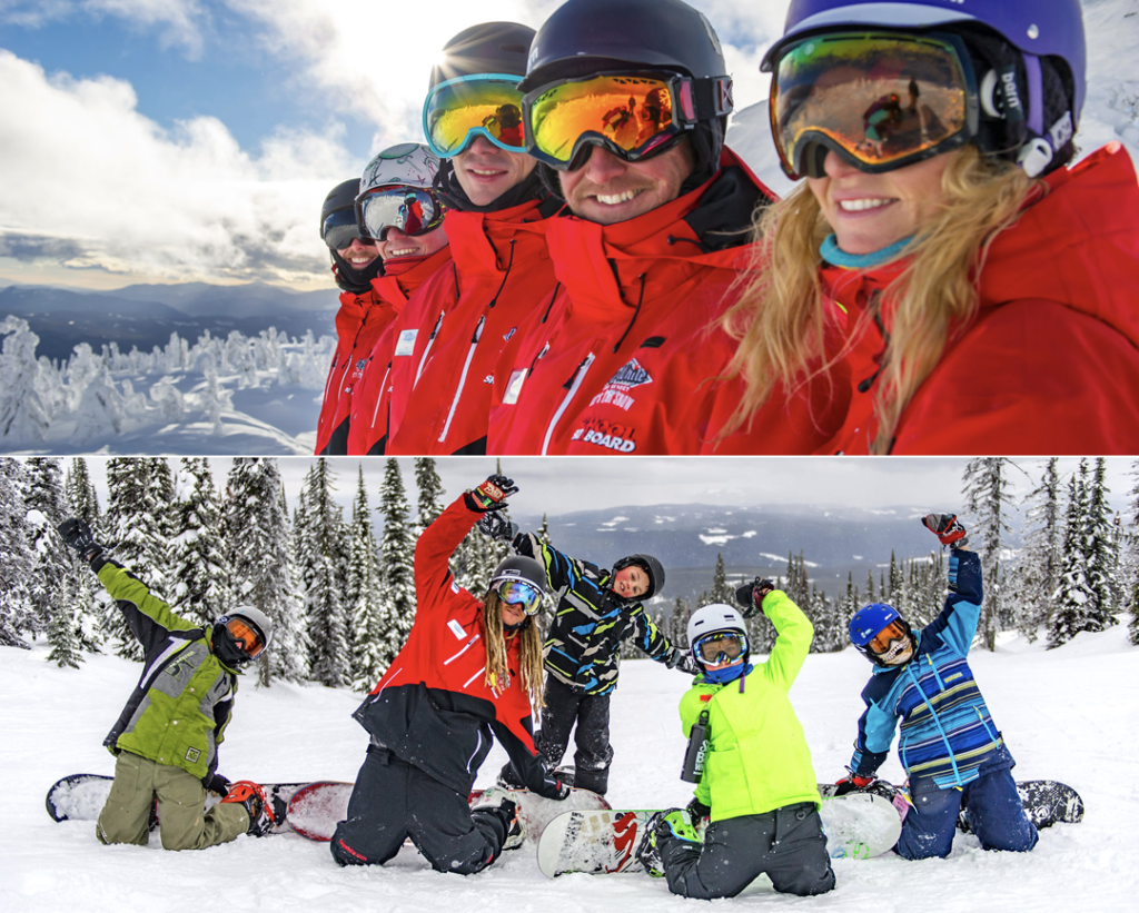 A group of ski instructors at Big White's ski and snowboarding school as well as young students and kids learning to ski.