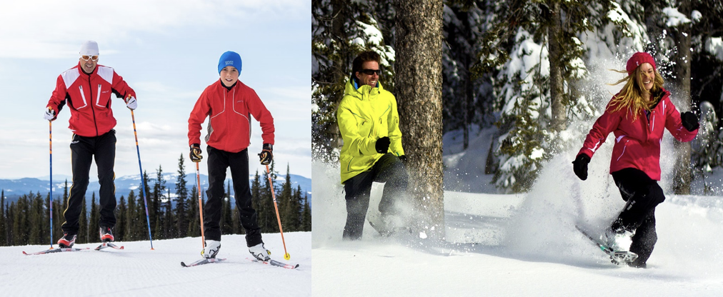 Cross-country skiers and snowshoers explore Big White Ski Resort's ski terrain.