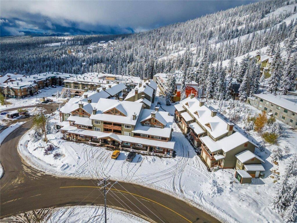 Overhead view of Big White Ski Resort condo buildings on a sunny day