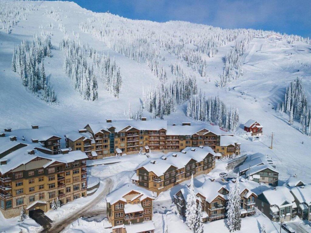 An overhead view of Big White Ski Resort covered in snow on a winter day.