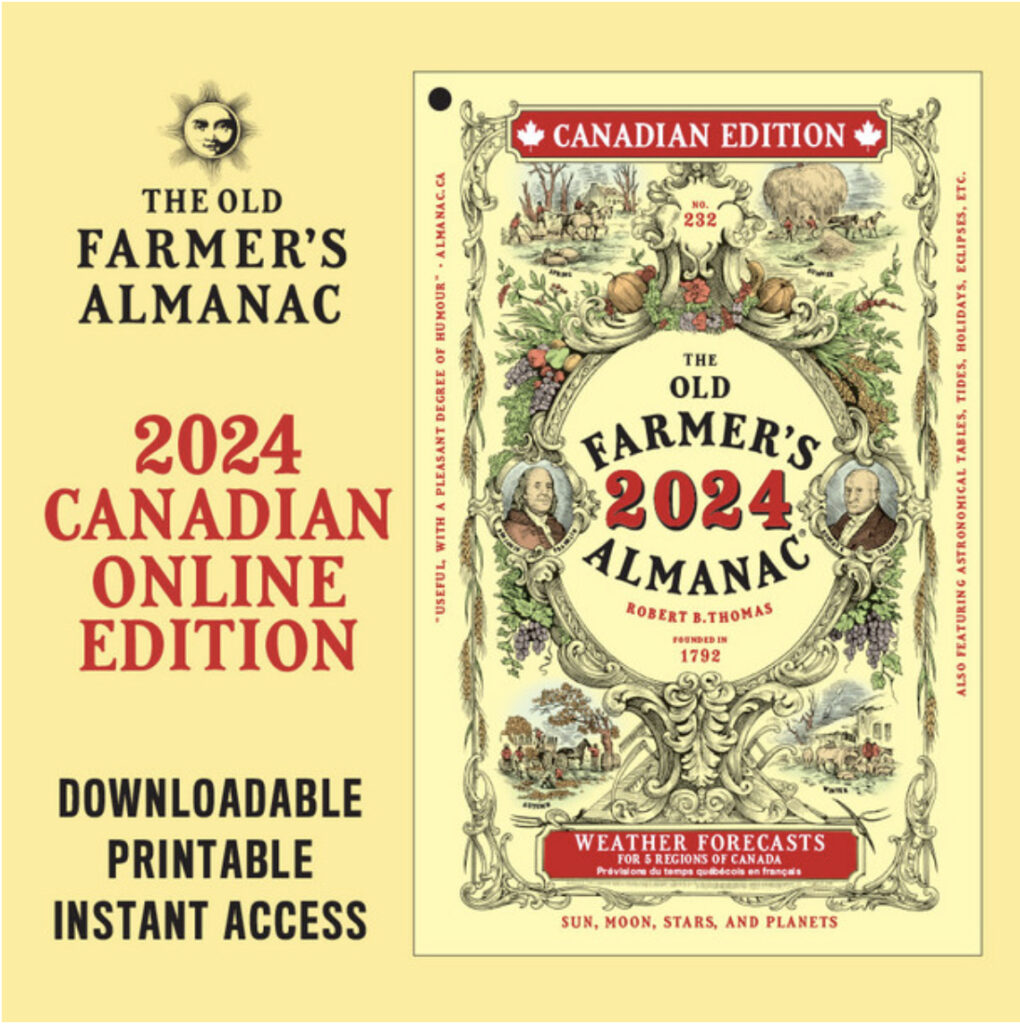 The yellow and red digital cover of the Old Farmers Almanac for 2024, Canadian edition, with weather predictions for Canada and BC, including snow predictions for ski resorts.