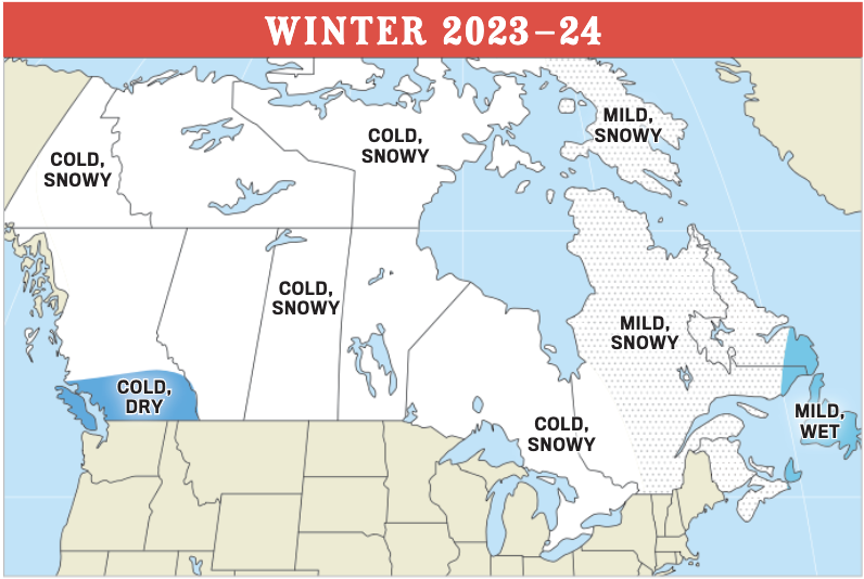 A map graphic with Canada's province's and a general winter weather predictions map from the Old Farmer's Almanac over it. 