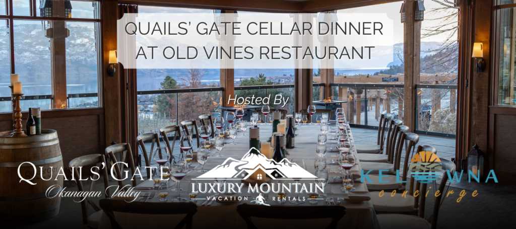 The LMVR Cellar Dinner banner in collaboration with Quails' Gate Winery and Kelowna Concierge with a photo of the Old Vines Restaurant dining room and spectacular views of Okanagan Lake and the vineyard.