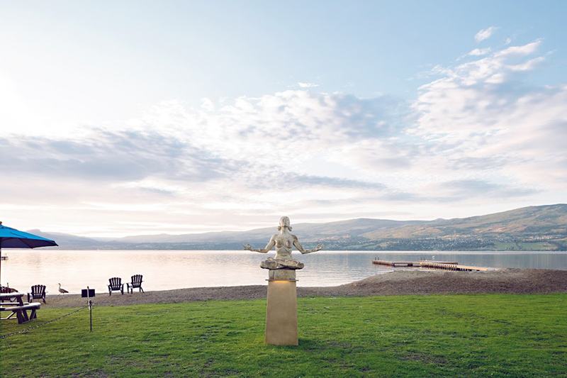Statue of a woman meditating in bliss at Frind Winery in West Kelowna